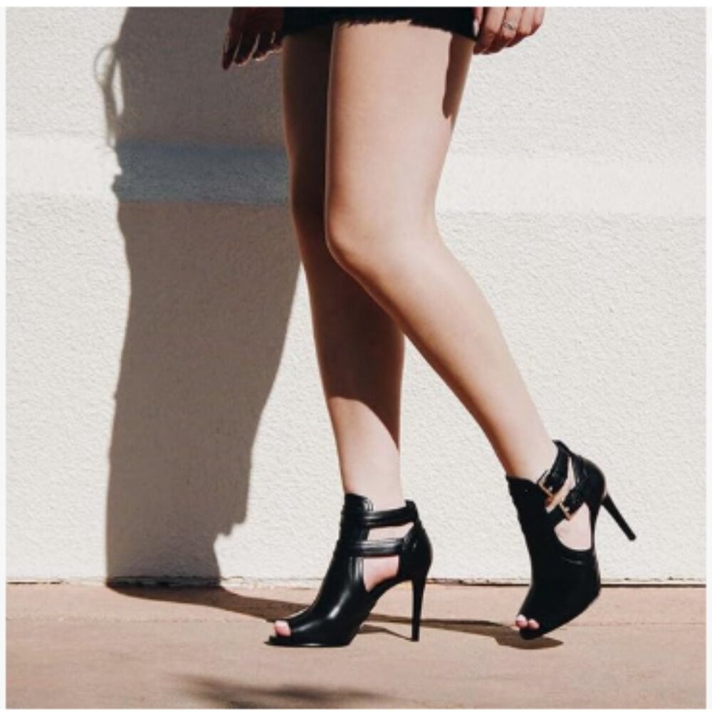 XYD Black Peep Toe Ankle Booties Dual Buckled Straps Stiletto Heel Cutout Sandal